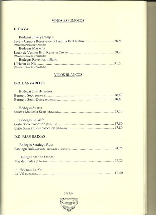 carta de vinos gambrinus