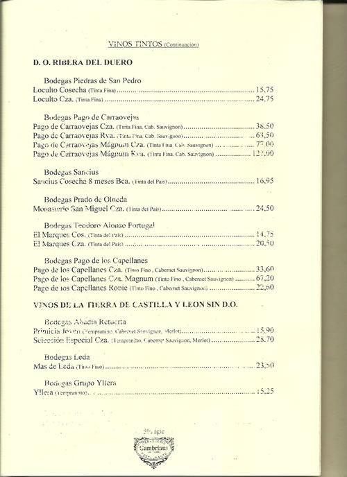 carta de vinos gambrinus