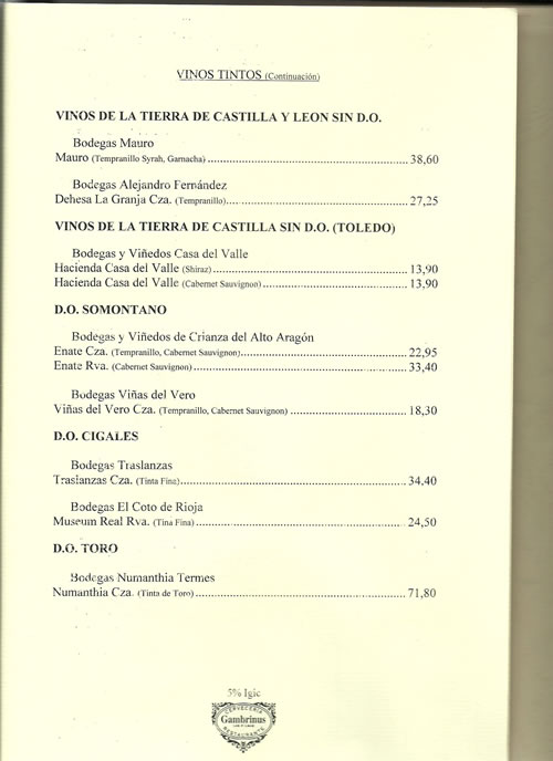 carta de vinos gambrinus