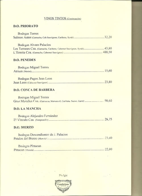carta de vinos gambrinus