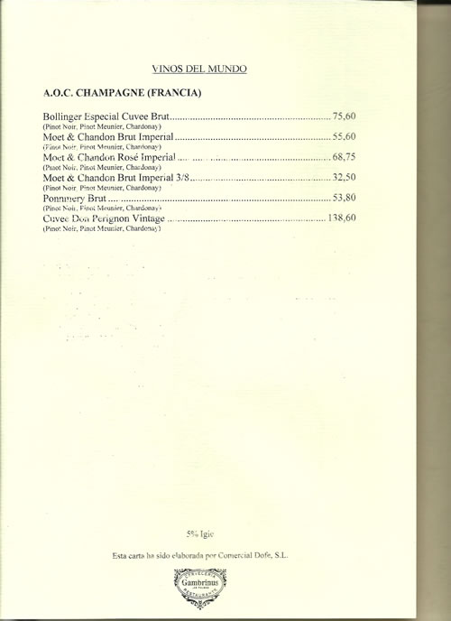 carta de vinos gambrinus