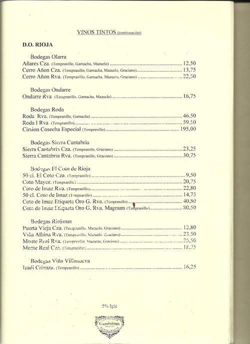 carta de vinos gambrinus