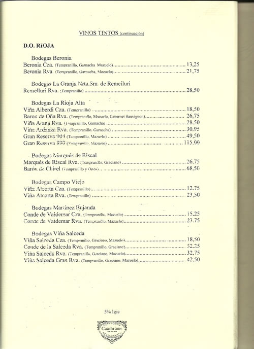 carta de vinos gambrinus