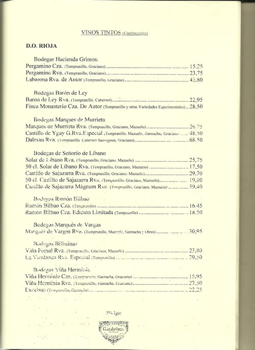 carta de vinos gambrinus