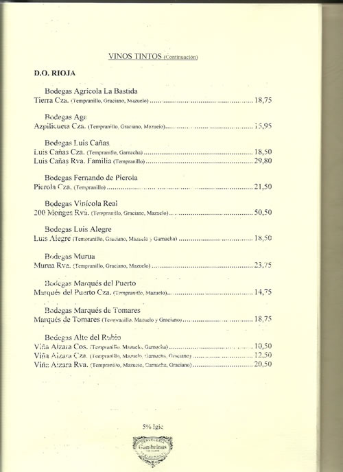 carta de vinos gambrinus