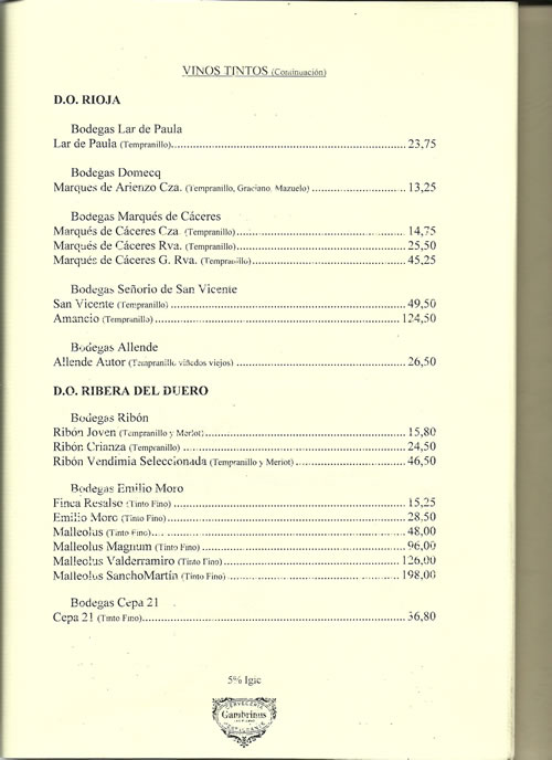 carta de vinos gambrinus