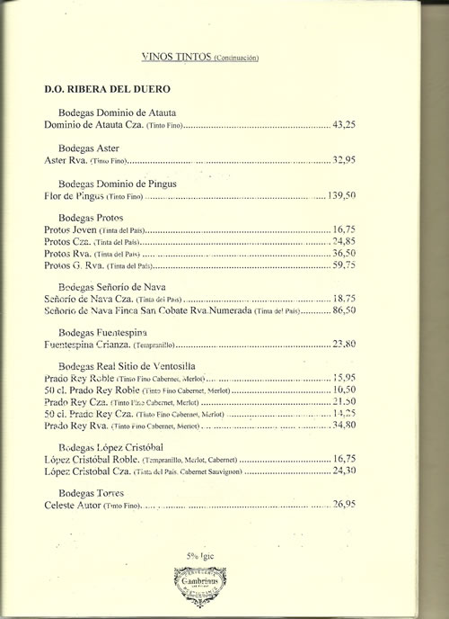 carta de vinos gambrinus